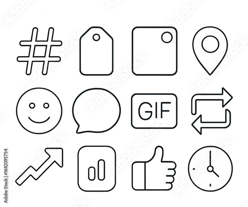 Social Media Icons Grid. Outline icon set of social media stickers: hashtag icon, story tag, selfie frame,