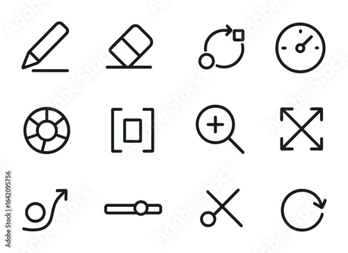 GIF Tools Icons. Outline icon set of creative GIF tools: draw tool, eraser, animation path, speed icon, color