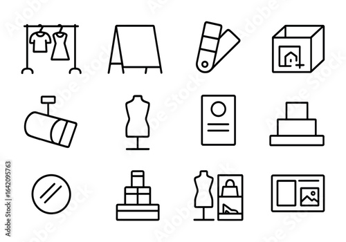 Retail Merchandising Icons. Outline icon set of retail visual merchandising: garment rack, signage board,