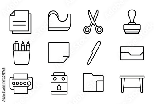 Office Supply Icons. Outline icon set of office mailing supplies: paper stack, tape dispenser, scissors,