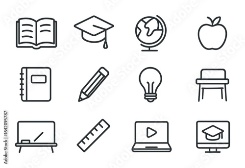 Education Icons Set. Outline icon set of education and learning: open book, graduation cap, globe, apple,