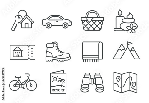 Weekend Getaway Icons. Outline icon set of weekend getaway gifts: cabin key, car rental, picnic basket, spa