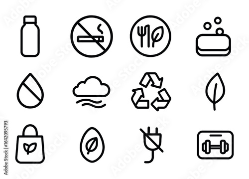 Clean Living Icons. Outline icon set of clean living: reusable bottle, no-smoking icon, plant-based meal,