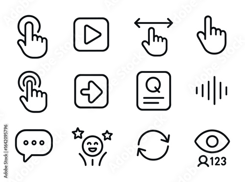 Interactive Media Icons. Outline icon set of interactive media: touch icon, play button, swipe hand, drag