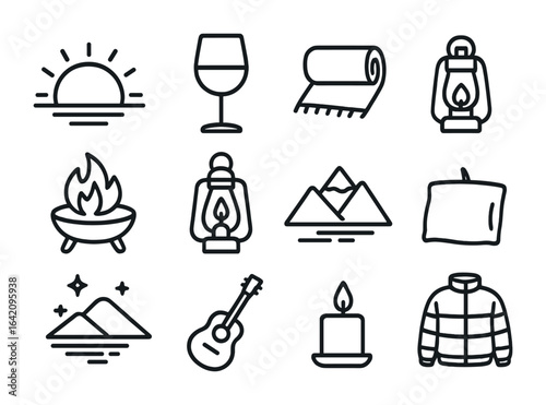 Sunset Wine Icon Set. Outline icon set of sunset wine evenings: setting sun, wine glass silhouette, blanket,