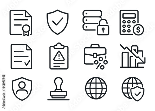 Cyber Insurance Icon Grid. Outline icon set of cyber insurance essentials: policy document, coverage icon,