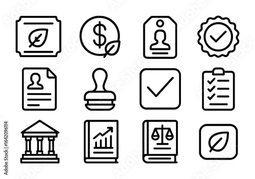 Energy Policy Icons. Outline icon set of energy policy and regulation: emissions certificate, carbon tax