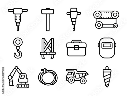 Mining Tools Icons. Outline icon set of mining equipment and tools: jackhammer, sledgehammer, rock drill, belt