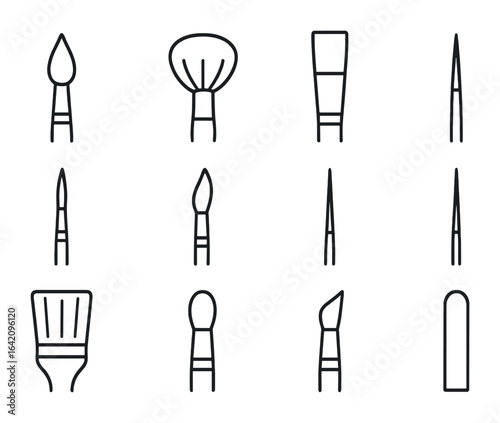 Watercolor Brush Icons. Outline icon set of watercolor brush types: round brush, mop brush, flat brush, fan