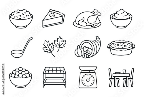 Thanksgiving Meal Icons. Outline icon set of Thanksgiving meal prep: stuffing bowl, pumpkin pie, roasted