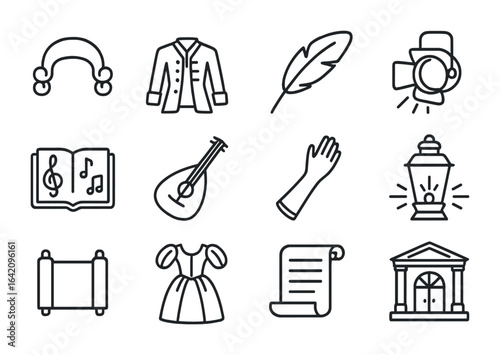 Historical Opera Icons. Outline icon set of historical operatic eras: Baroque wig, Classical suit, Romantic