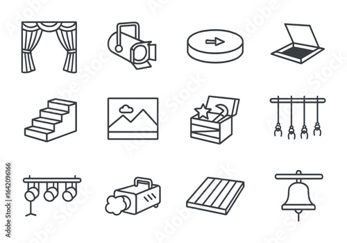 Theater Icons Grid. Outline icon set of theater stage elements: curtains, spotlight, rotating platform,
