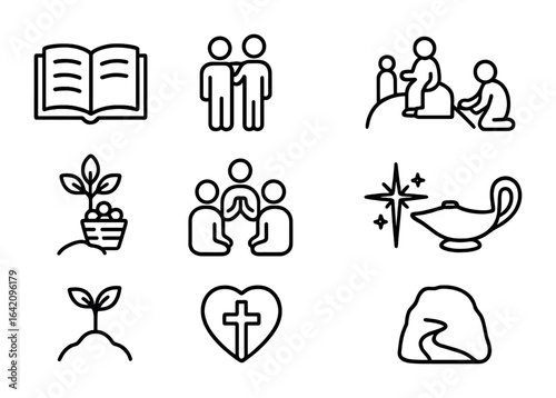 Discipleship Icon Set. Outline icon set of discipleship and teaching: open Bible, mentor and student, hillside