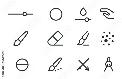 Digital Brush Icons. Outline icon set of digital brush settings: opacity slider, brush size, flow control,