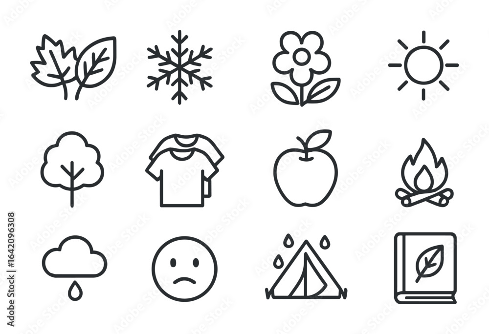Fototapeta premium Seasonal Icon Set. Outline icon set of seasonal solitude and peace: autumn leaves, snowflake, spring bloom,