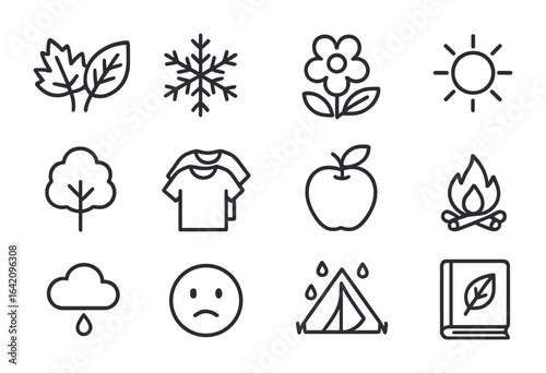 Seasonal Icon Set. Outline icon set of seasonal solitude and peace: autumn leaves, snowflake, spring bloom,