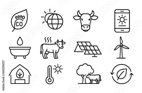Climate-Smart Livestock Icons. Outline vector icons of climate-smart livestock systems: carbon footprint leaf,