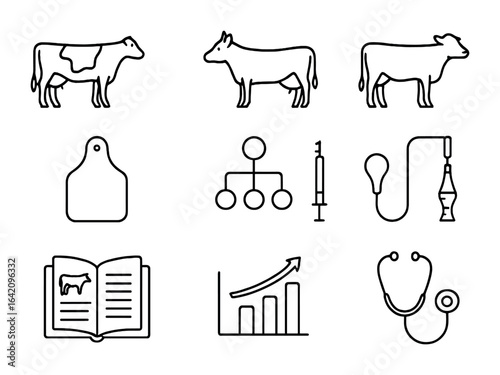 Dairy Breeds Icons Grid. Outline vector icons of improved dairy breeds: Holstein cow, Jersey cow, Brown Swiss,