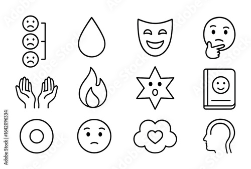 Emotional Awareness Icons. Outline vector icons of emotional awareness: emotion scale, tear drop, laughing