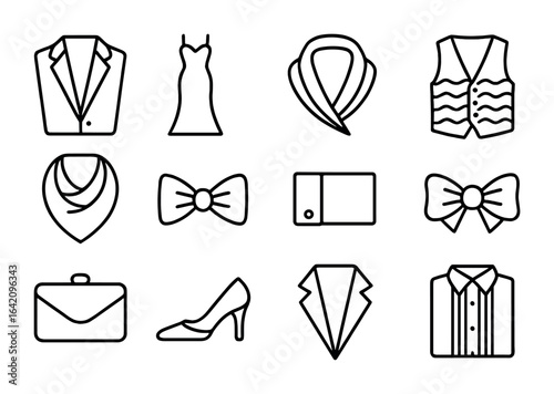 Formal Wear Icons. Outline vector icons of formal moiré wear: tuxedo detail, dress gown, silk lapel, patterned