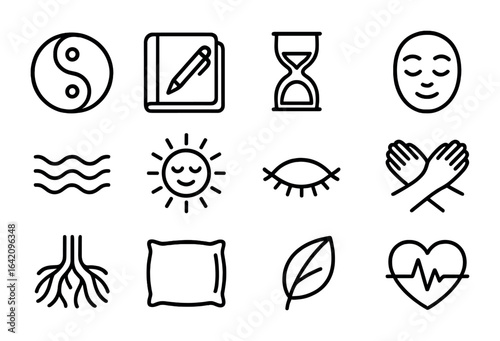 Emotional Balance Icons. Outline vector icons of emotional balance: yin yang, journal pen, mindful hourglass,