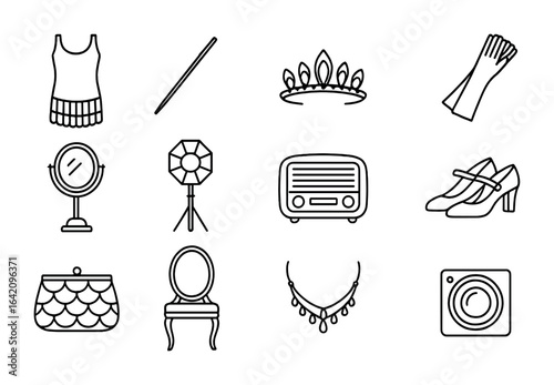 Art Deco Icons Grid. Outline vector icons of art deco fashion shoot: flapper dress, cigarette holder, crystal