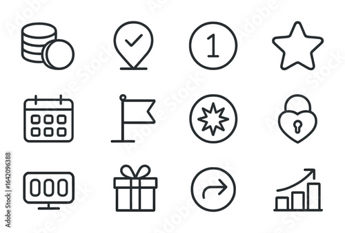 Points System Icons. Outline vector icons of points collection systems: coin stack, check-in icon, points