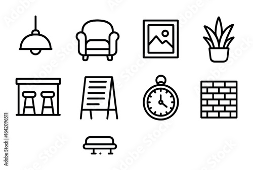 Café Interior Icon Set. Outline icon set of café interior design: pendant light, cozy chair, wall art, indoor