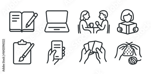 Cozy Café Icons. Outline icon set of cozy café activities: journaling notebook, laptop use, friendly chat,