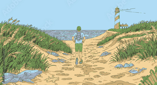 Young traveler on a sandy path through dunes walking towards the sea and a lighthouse, summer adventure vector illustration.