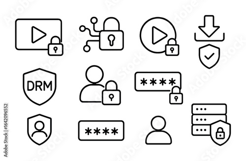 Secure Streaming Icons. Outline icon set of secure content streaming: stream lock, encryption icon, secure