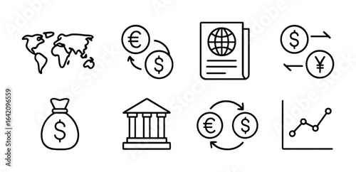 Global Finance Icons. Outline icon set of global finance: world map, currency arrows, financial news, foreign