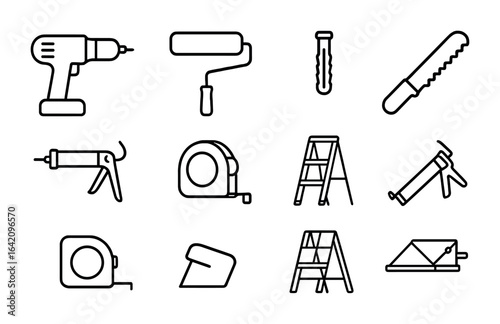DIY Tools Icon Grid. Outline vector icons of DIY home renovation: cordless drill, paint roller, wall anchor,