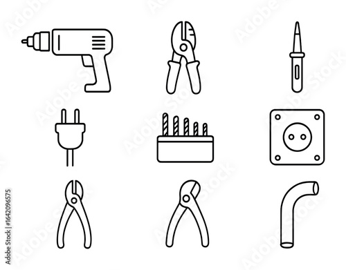 Electrical Tools Grid. Outline vector icons of electrical installation tools: electric drill, wire stripper,