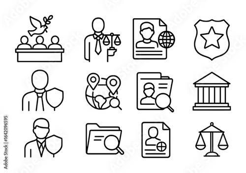 International Law Icons. Outline vector icons of international law enforcement: peace tribunal, legal aid,