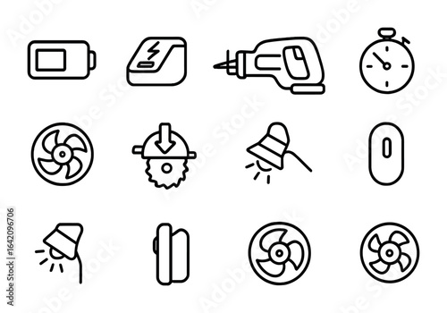 Cordless Saw Icons. Outline vector icons of cordless saw tools: battery icon, fast charger, compact saw,