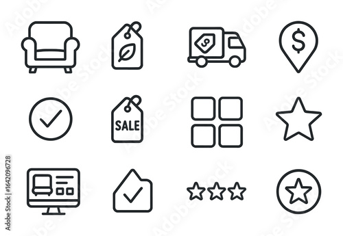 Home Goods Icons. Outline vector icons of home goods price search: furniture icon, decor tag, delivery option,
