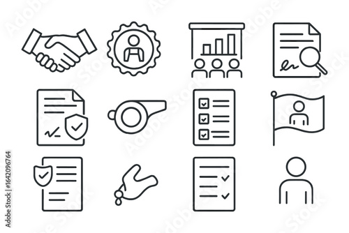 Ethical Business Icons. Outline vector icons of ethical business practices: handshake icon, fair labor badge,