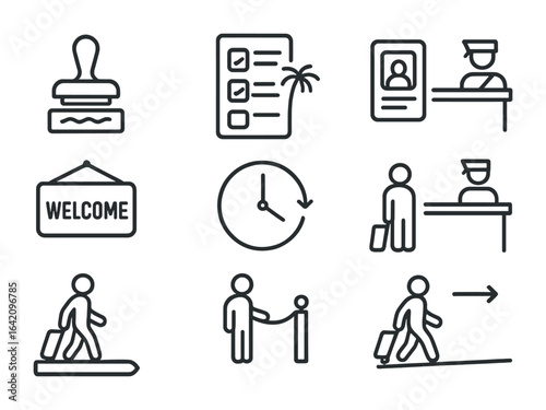 Visa Travel Icons Grid. Outline vector icons of visa-free and visa-on-arrival travel: visa exemption stamp,