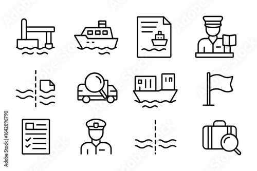 Maritime Crossing Icons. Outline vector icons of sea and ferry border crossings: port dock, ferry boat, ship