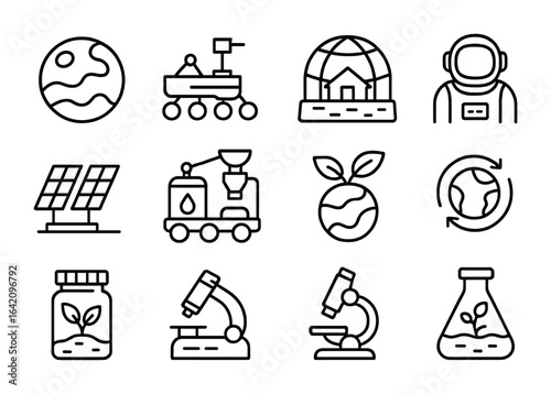 Mars Colonization Icons. Outline vector icons of Mars colonization and biology: Mars surface, rover icon,