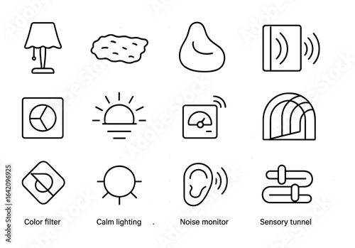 Sensory Environment Icons. Outline vector icons of sensory-friendly environments: dim lamp, soft rug, bean bag