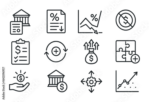 Economic Policy Icons. Outline vector icons of fiscal vs monetary policy: government budget, tax icon,