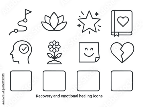Emotional Healing Icons. Outline vector icons of recovery and emotional healing: progress path, wellness icon,