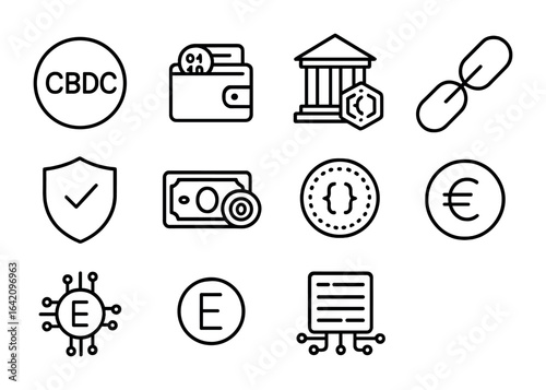 Digital Currency Icons. Outline vector icons of digital currency and central banks: CBDC icon, digital wallet,