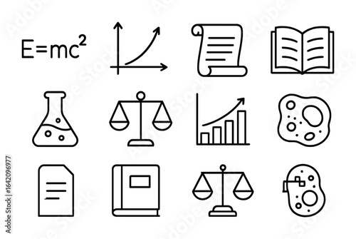 Academic Icons Grid. Outline vector icons of lecture-based subjects: math formula, physics graph, history