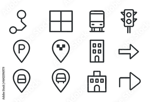 Urban Navigation Icons. Outline vector icons of urban navigation maps: subway line, city grid, bus stop,