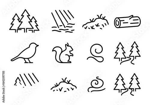 Forest Fog Icons. Outline vector icons of forest fog atmosphere: dense trees, morning mist rays, mossy ground,
