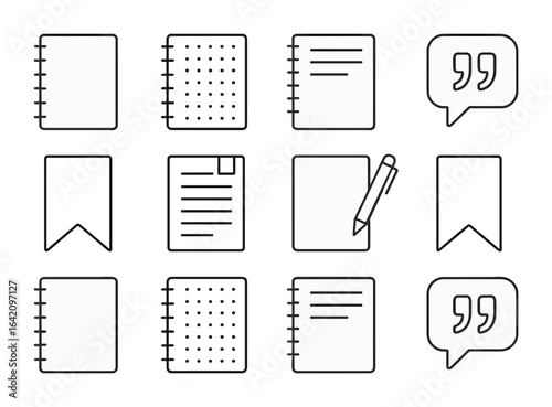 Journal Icons Grid. Outline vector icons of journal and planner quotes: spiral notebook, bullet journal, daily