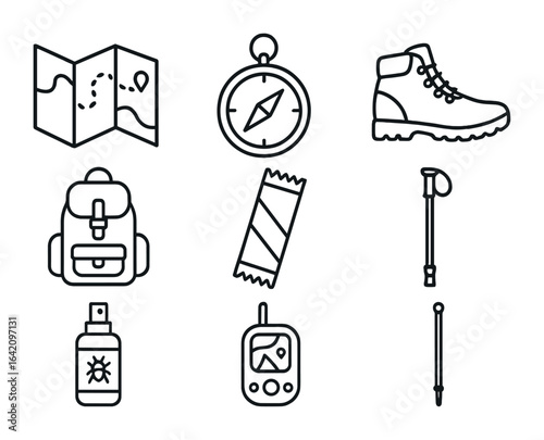Hiking Gear Icons. Outline vector icons of hiking and trail gear: trail map, compass, hiking shoes, daypack,